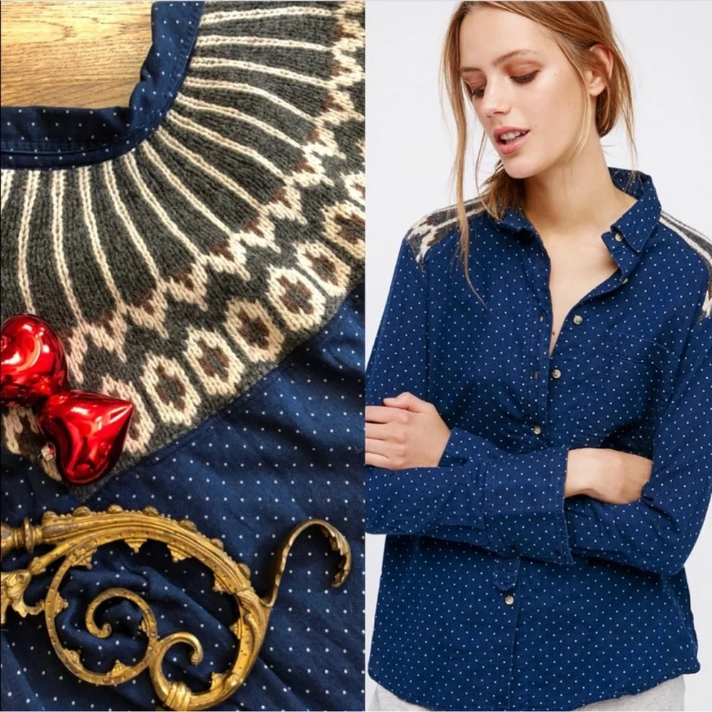 Free People Blue Polka Dot Wool Blend Buttoned Down Sweater Knit Inset Shirt.SzL - Picture 7 of 9
